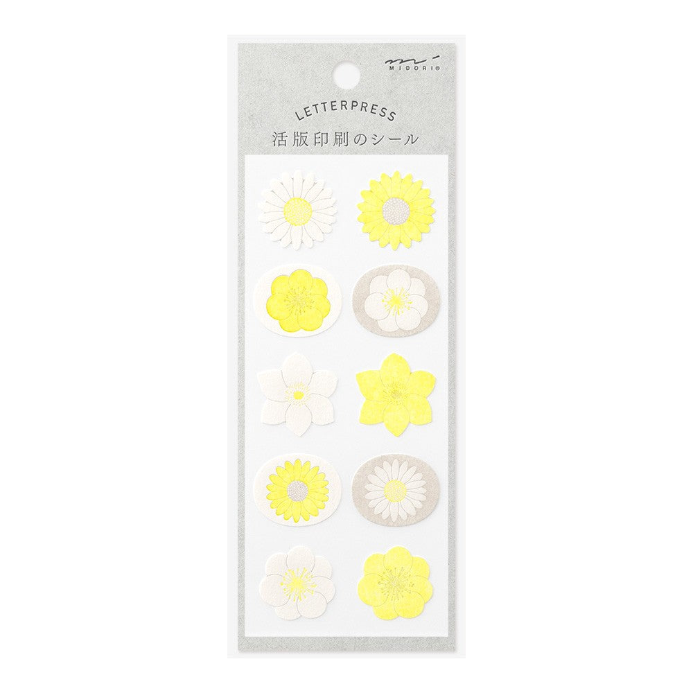 Midori 2501 Letterpress Stickers - White and Yellow Flowers