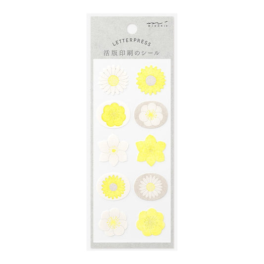 Midori 2501 Letterpress Stickers - White and Yellow Flowers
