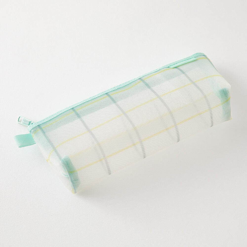 Mesh Pen Case with Gusset Check Green