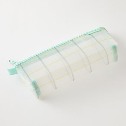 Mesh Pen Case with Gusset Check Green