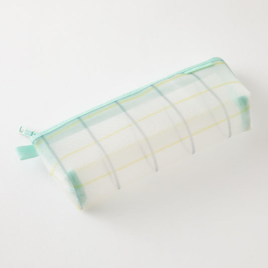 Mesh Pen Case with Gusset Check Green