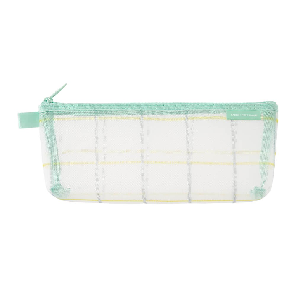 Mesh Pen Case with Gusset Check Green